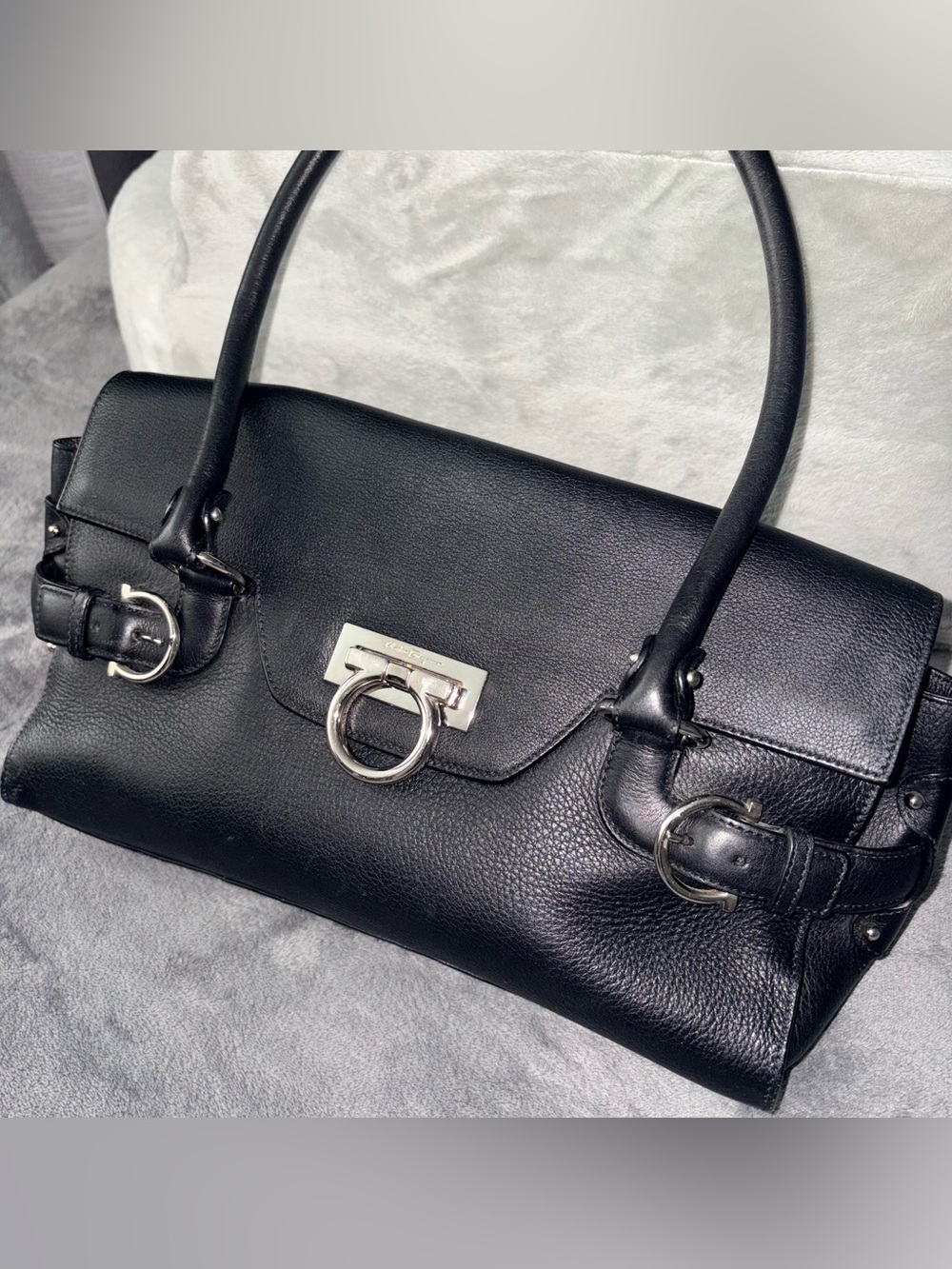 Salvatore Ferragamo Black Leather Shoulder Bag with Silver Hardware